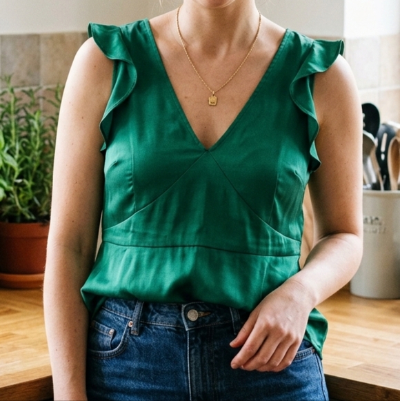 Nine Eight Tops - Nine 8 Emerald Green V-Neck Ruffle Strap Camisole